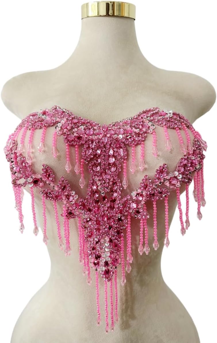 MOPISVN Handmade Crystal on lace Applique Sewing Rhinestones Fringe Beads Sequins Patches Trim Luxury Decoration Accessories for Wedding Dress 17X12.5inches (Pink) - Image 1
